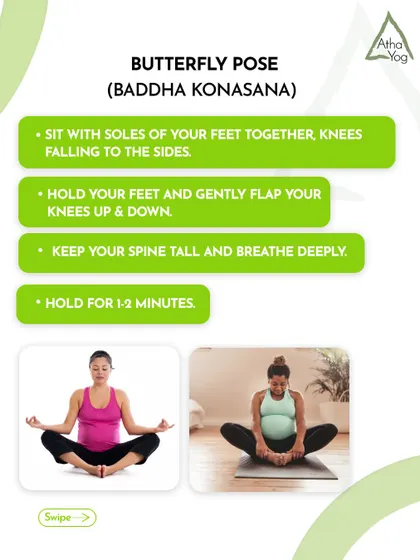 Butterfly Pose, or Baddha Konasana, is another excellent prenatal pose. This graphic shows how to sit with the soles of your feet together and gently flap your knees to open the hips.