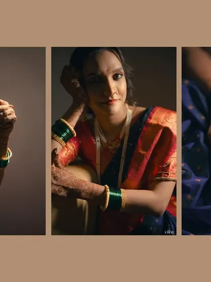 A triptych of beautifully composed shots. It highlights the bride's hand holding a fan, a thoughtful portrait, and a close-up of her henna-adorned hand, focusing on artistic details.