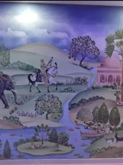 This colorful landscape mural is rich with details from Indian miniature paintings, including royal figures on elephants and horses. The vibrant palette and whimsical scenery create a joyful and artistic atmosphere.