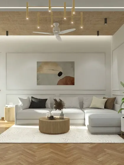 This family room is designed for ultimate comfort, with a large L-shaped sofa, herringbone wood flooring, and warm, layered lighting. It's the perfect spot for movie nights.