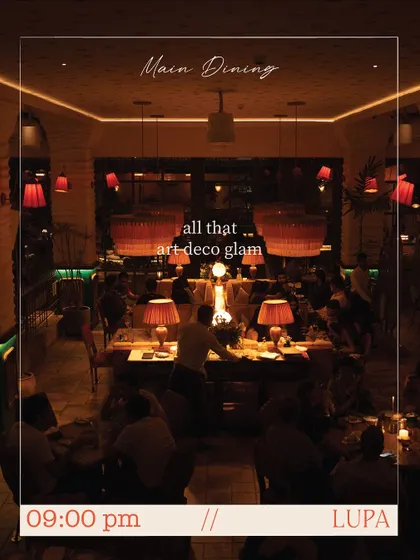 The main dining room at 9:00 PM, alive with the glamour of art-deco design and the buzz of happy diners. This is Lupa in full swing.