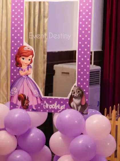A custom Sofia the First themed photo booth frame. These are great additions to any party, encouraging guests to take fun pictures and create lasting memories.
