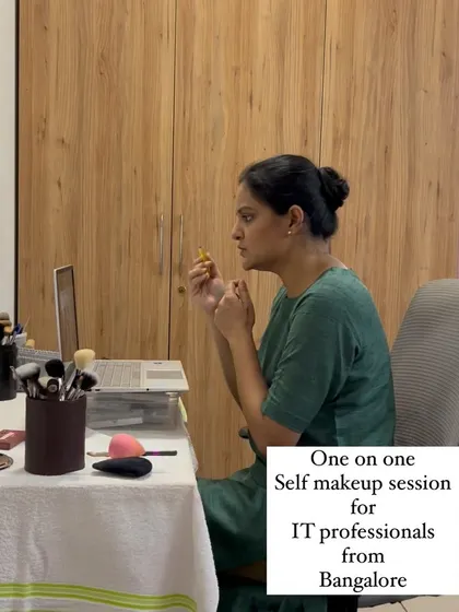An IT professional from Bangalore practicing her makeup skills during an online session. I use a combination of demonstration and guided practice in my classes.
