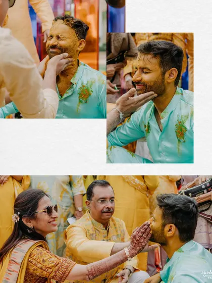 The groom's turn for the Haldi rituals, with family members applying the paste, capturing moments of love and tradition.