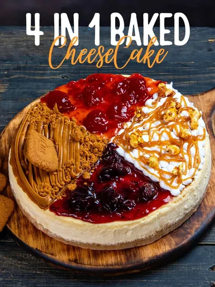Another version of our 4-in-1 baked cheesecake, this time with strawberry, blueberry, biscoff, and salted caramel popcorn. The ultimate dessert experience!