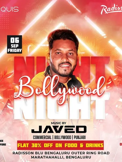 Being trusted by top venues like Radisson Blu for their signature Bollywood Nights is something I'm proud of. This is an example of a professional event flyer for one of my gigs.