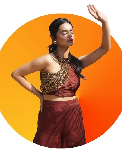 Capturing the feeling of the sun on your skin. This shot uses a strong, direct light to create a high-fashion, sun-kissed look for this modern ethnic co-ord set.