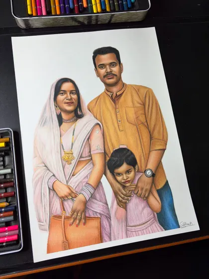 A sweet family portrait for a client in Prayagraj. I used colour pencils to bring out the soft pink tones of their outfits and the warmth of their family moment.