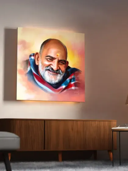 Another visualization of the Baba Nimkaroli portrait, this time in a modern living room setting with backlighting. It shows how the artwork can become a focal point of devotion in any space.