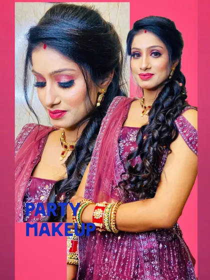 This party makeup look features a vibrant pink cut-crease eyeshadow and a matching lip, perfect for someone who loves a pop of color.