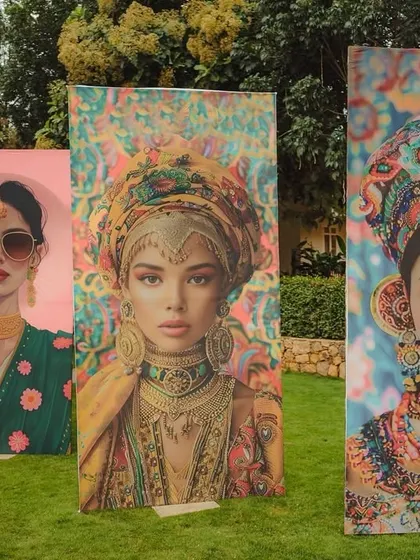 A gallery of artistic, culturally-inspired portraits serves as a unique and sophisticated photo backdrop for guests.