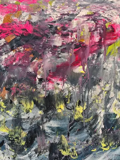 "A Portal Within" by artist Sena is a textured abstract piece that explores the chaos and calm of our inner worlds. This work was featured in our "Unknown Realms" exhibition.