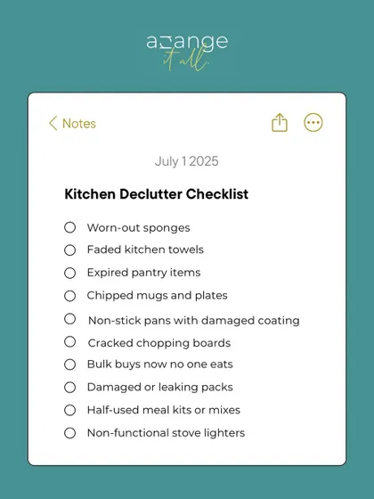 Your kitchen deserves a fresh start. This declutter checklist helps you get rid of worn-out sponges, expired pantry items, and chipped mugs.