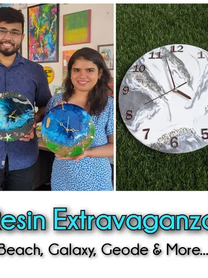 An extravaganza of resin art possibilities! This image showcases the variety you can create, from beach and galaxy themes to elegant geode designs, all made by participants in our workshops.