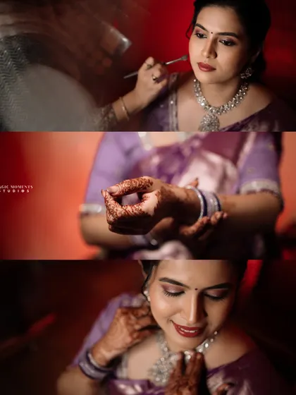 A collage of detail shots during the bride's makeup session. I focus on the final touches, the mehandi, and the jewelry that completes her engagement look.