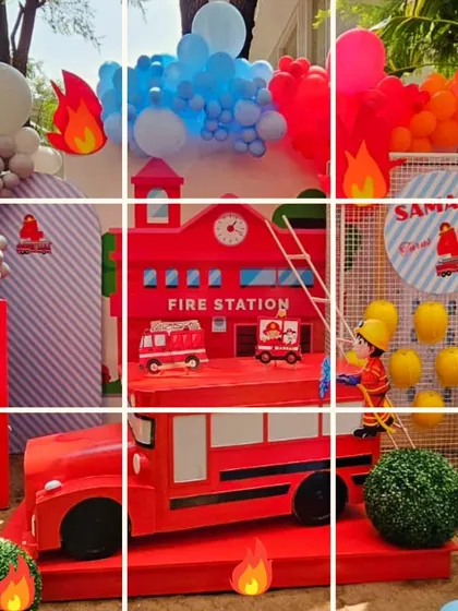 A grid collage summarizing the fiery and fun details of the firefighter birthday party.
