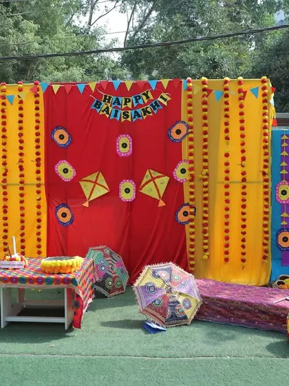 The complete setup for our Baisakhi celebration, designed to transport our little stars to a Punjabi village fair and teach them about the significance of the harvest festival.
