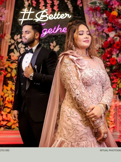 A stylish, posed shot of the engaged couple. This kind of portrait is great for capturing the glamour and fashion of your engagement night.