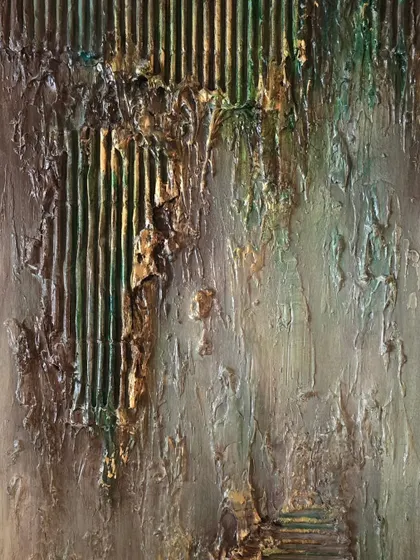 Inspired by old homes, this rustic artwork combines corrugated textures with thick paste. The layers of green and gold over a weathered base evoke memories of peeling paint and the charm of aged surfaces.