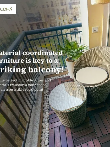 Coordinating furniture is key to a striking balcony. This set of images shows a project where we used matching wicker furniture, including a sofa, chair, table, and bar stools, to create a cohesive and stylish look.