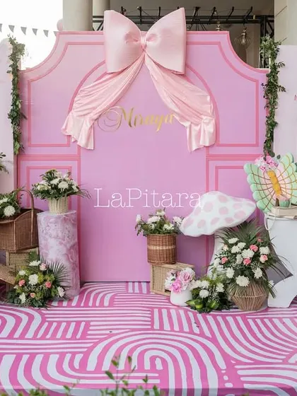 Another view of the lovely pink stage, showcasing the balanced and symmetrical design.