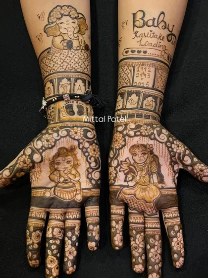 A full view of the divine baby shower mehndi. The design combines figures of Radha and Krishna with a "Baby Loading" message and a countdown calendar.