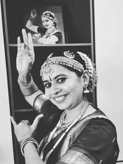 Dressed in traditional Bharatnatyam attire, I connect with the playful and divine spirit of Krishna. For me, dance and Krishna are inseparable, creating a world full of life and joy.