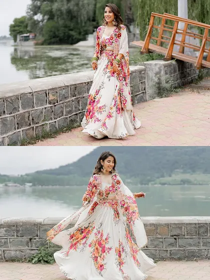 A collage of the bride's Haldi look, showing the beautiful movement of her floral lehenga against the serene backdrop of the lake.