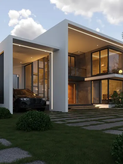 This contemporary villa design features clean lines, expansive glass walls, and a minimalist white and grey color scheme. The open-plan ground floor and cantilevered upper level create a sense of lightness and space, ideal for modern tropical living.