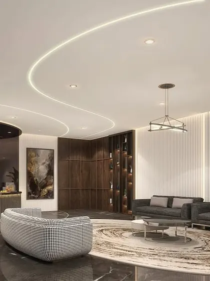 This lounge area concept continues the wave-inspired theme with curved ceiling details and organic furniture forms. It's designed as a comfortable, collaborative space for informal meetings or taking a break from the desk.