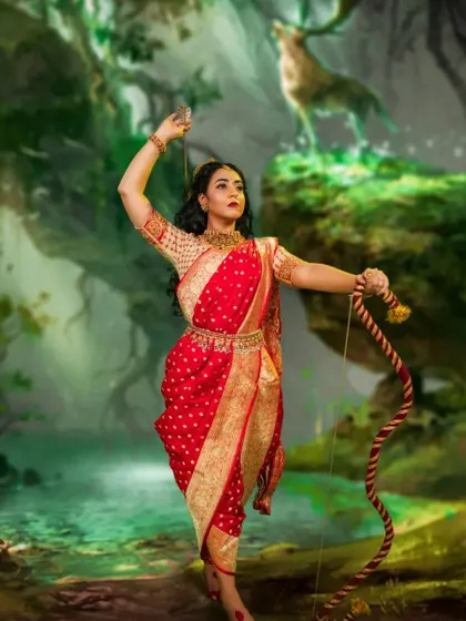 This shot places our mythological character in an enchanted forest setting. The styling, pose, and digital background all work together to build a compelling narrative, showcasing our end-to-end creative services.