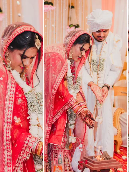 The couple performing the Kanyadaan ritual, a poignant moment where the bride's parents give her away.