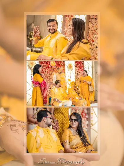 A vertical collage of candid moments from a Haldi ceremony, showing the couple interacting with guests.