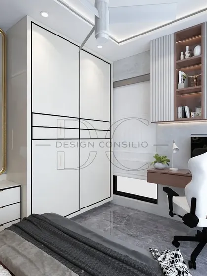 A perfect bedroom for a student or someone working from home. The design includes a sleek wardrobe, a compact study desk with overhead storage, and a full-length mirror, all neatly integrated to save space.