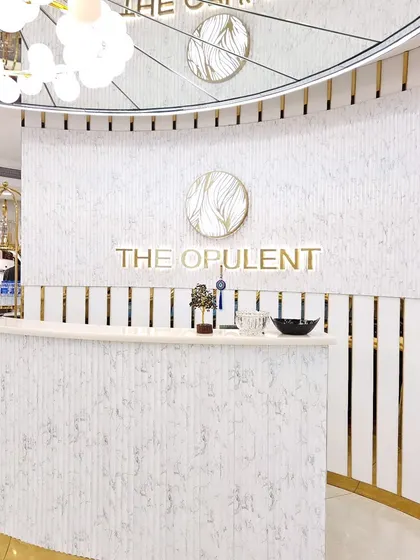 The centerpiece of my salon, the reception desk. The clean, modern design with gold accents sets the tone for the opulent experience that follows.