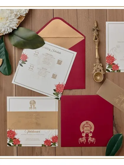 We loved creating this suite that represents the coming together of two beautiful cultures, Kerala and Karnataka. The design features custom illustrated motifs like the Kathakali crown and Nandi bulls, printed in rich red and gold.