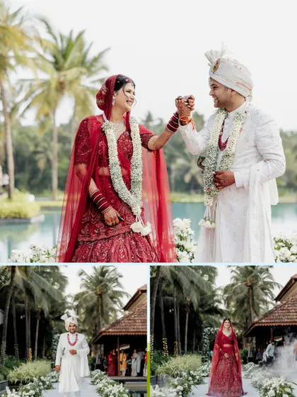 The bride and groom's entry, complete with color bombs, set against the palm trees and serene waters of the Goa resort.