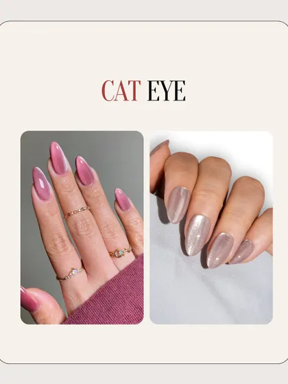 This image showcases two different cat eye looks, one in a vibrant pink and the other in a neutral taupe, demonstrating the versatility of this magnetic effect.