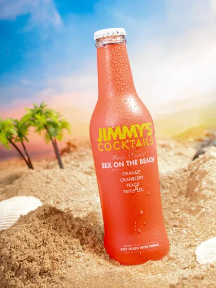 A beach-themed shot for Jimmy's Cocktails. We created a miniature set in our studio to place the product in a fun, aspirational setting that tells a story of summer and vacation.