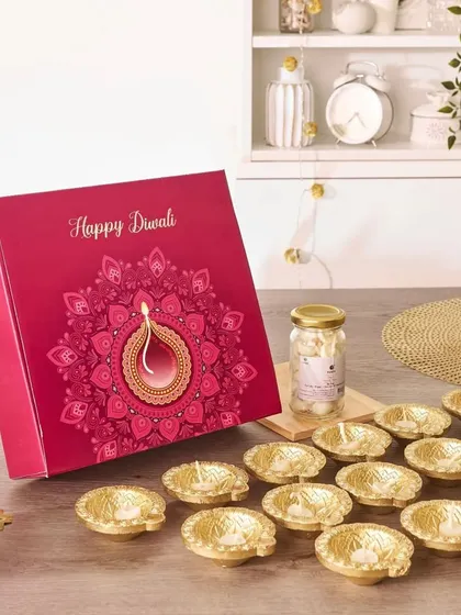 A simple yet elegant corporate gift for Diwali, this set includes a box of beautiful golden diyas, perfect for lighting up the office or home.