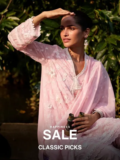 My classic picks are on sale. This includes timeless pieces like this beautiful pink embroidered kurta set, perfect for creating an elegant and understated look.