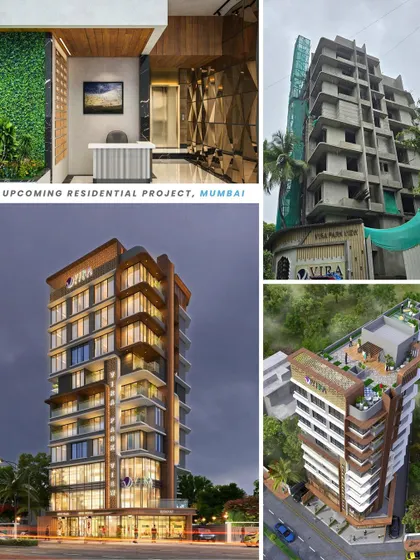 This is our ongoing residential project, Vira Park View, in Vile Parle, Mumbai. The collage shows the journey from construction to the final rendered facade, highlighting the building's modern aesthetic with its interplay of glass and textured panels.