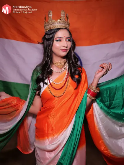 A full view of the Independence Day look, where the flowing tricolor saree is paired with beautifully curled hair.