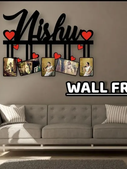 This hanging wall frame is customized with a name and five of your favorite photos. It's a great way to decorate a room with a personal touch.