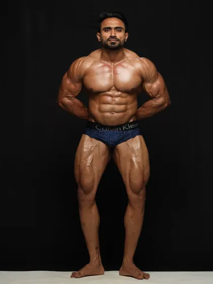 A front pose showing the conditioning and muscle fullness required to be competitive on a national level.