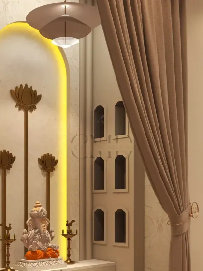 A closer view of the mandir, showing the Ganesha idol placed in an arched niche with soft backlighting.