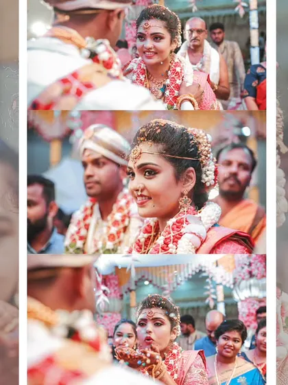 A triptych of the bride's expressive faces during the wedding ceremony, capturing a range of emotions from joy to concentration.