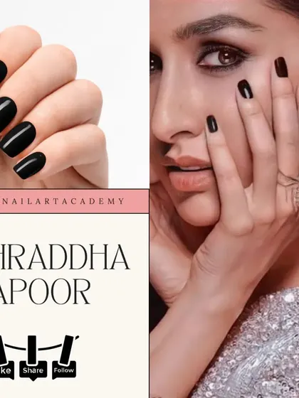Inspired by Shraddha Kapoor's chic look, this graphic highlights the power of a classic, glossy black manicure. It's a bold, simple, and always stylish choice.