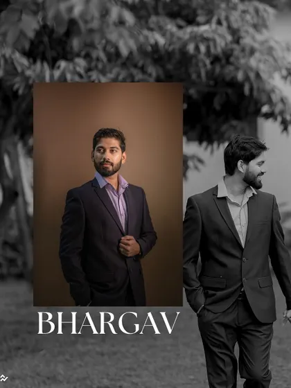 A graphic-style portrait of the groom, Bhargav, looking sharp and handsome in his suit.