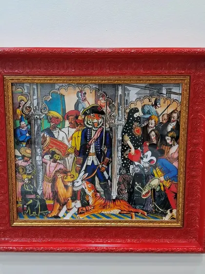 A surrealist piece by Beygum Bano depicting a historical scene with a tiger-headed figure and Mickey Mouse, blending different worlds.